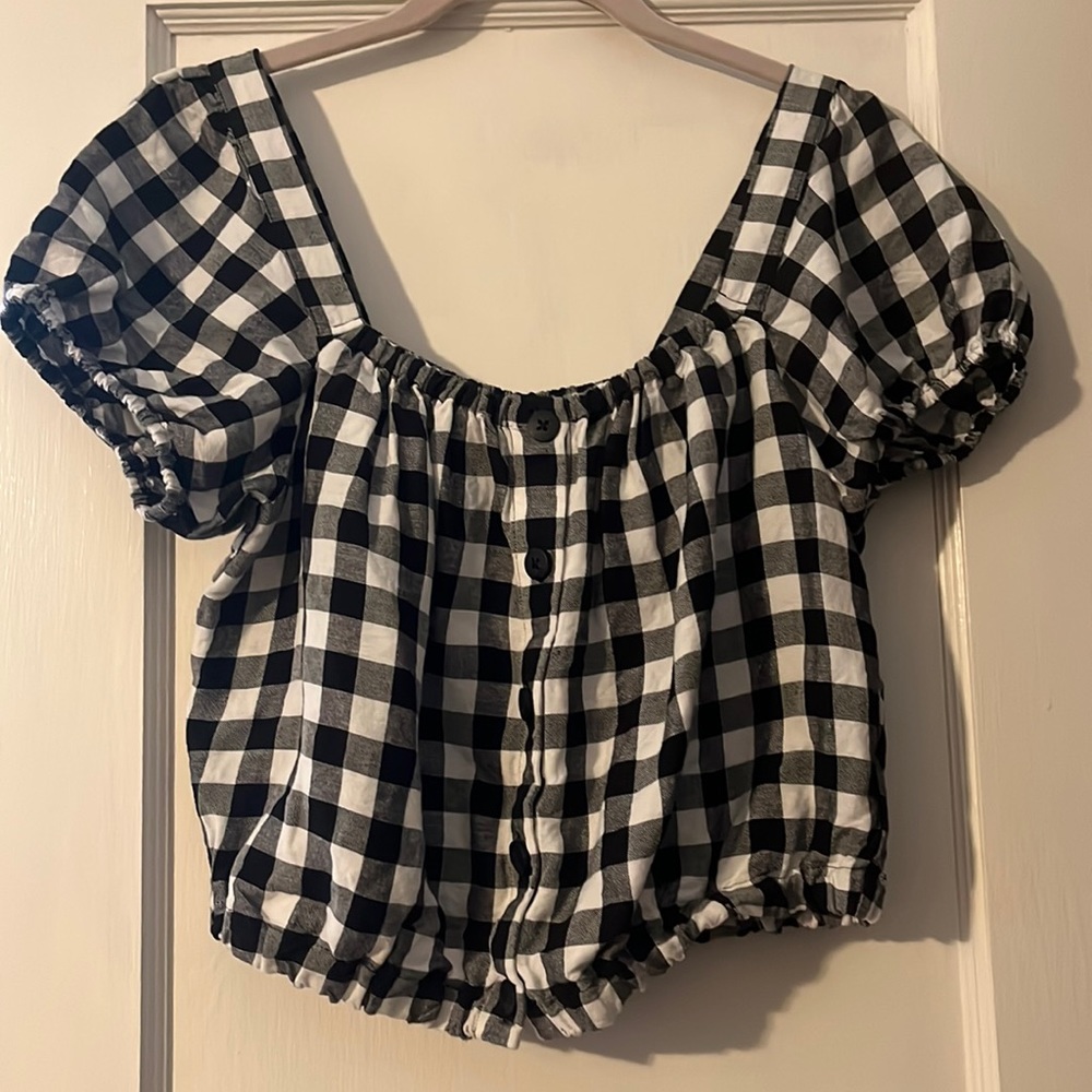 Madewell Linen Blend Puff Sleeve Gingham Crop